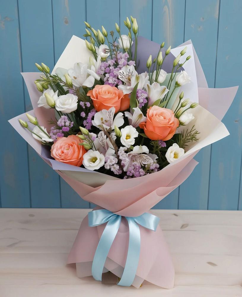 Букет цветов из: Лизиантусы, Розы, Альстромерии и Гипсофила в Подосиновец