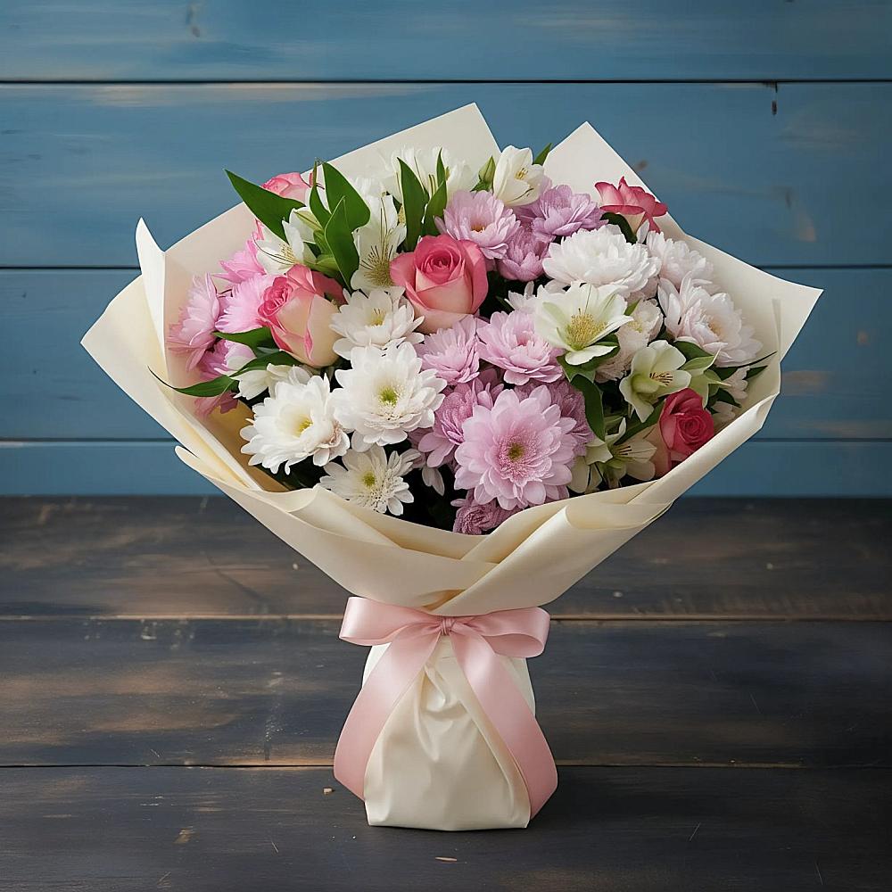 Букет цветов из: Хризантемы, Альстромерии и Розы в Подосиновец